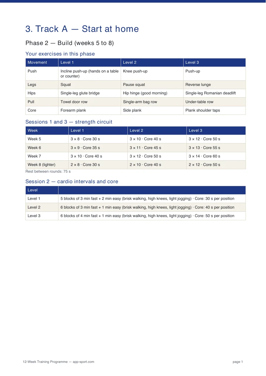 Page from the training programme: one week of a track with exercises, sets, reps and rest