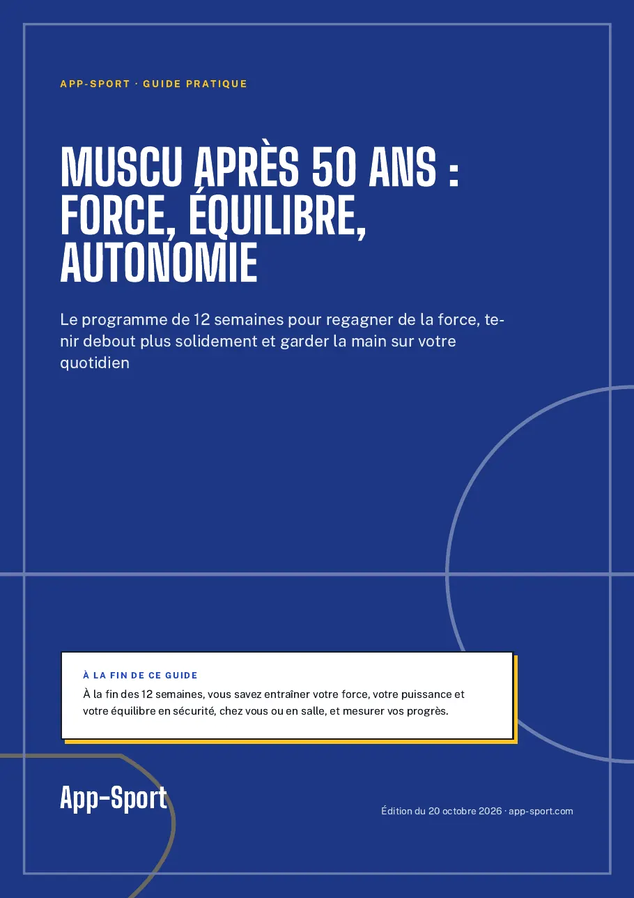 Page de couverture du guide PDF « Muscu après 50 ans : force, équilibre, autonomie »