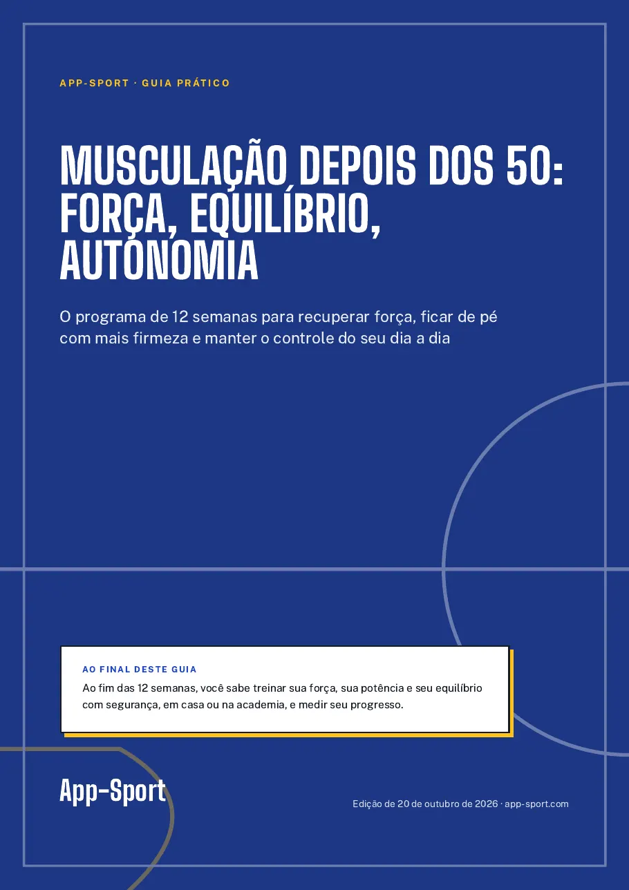 Capa do guia PDF “Musculação depois dos 50: força, equilíbrio, autonomia”