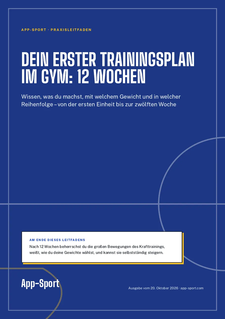 Titelseite des PDF-Ratgebers „Dein erster Trainingsplan im Gym: 12 Wochen“