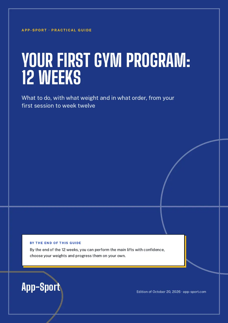 Cover page of the PDF guide "Your First Gym Program: 12 Weeks"