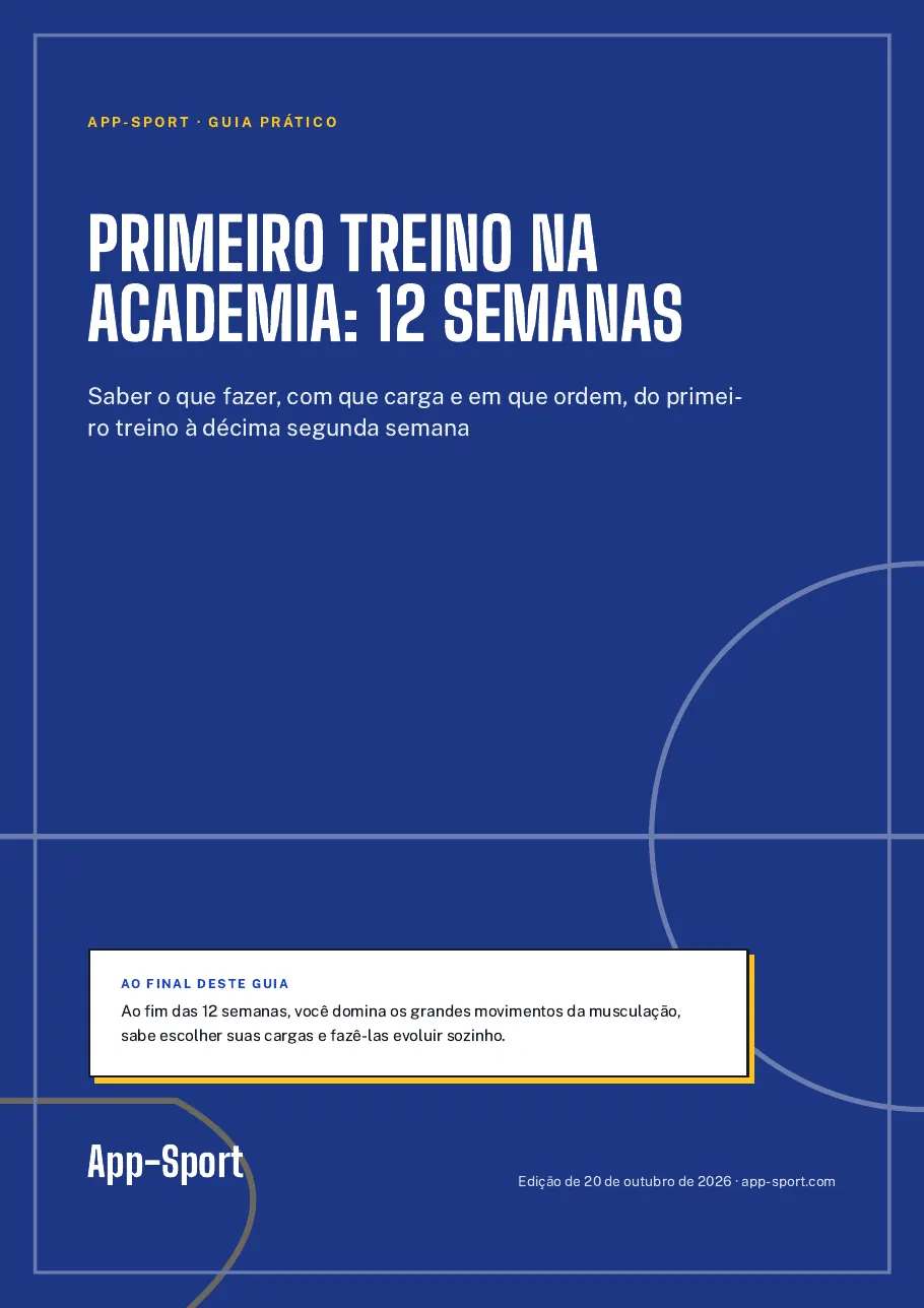 Capa do guia PDF “Primeiro treino na academia: 12 semanas”