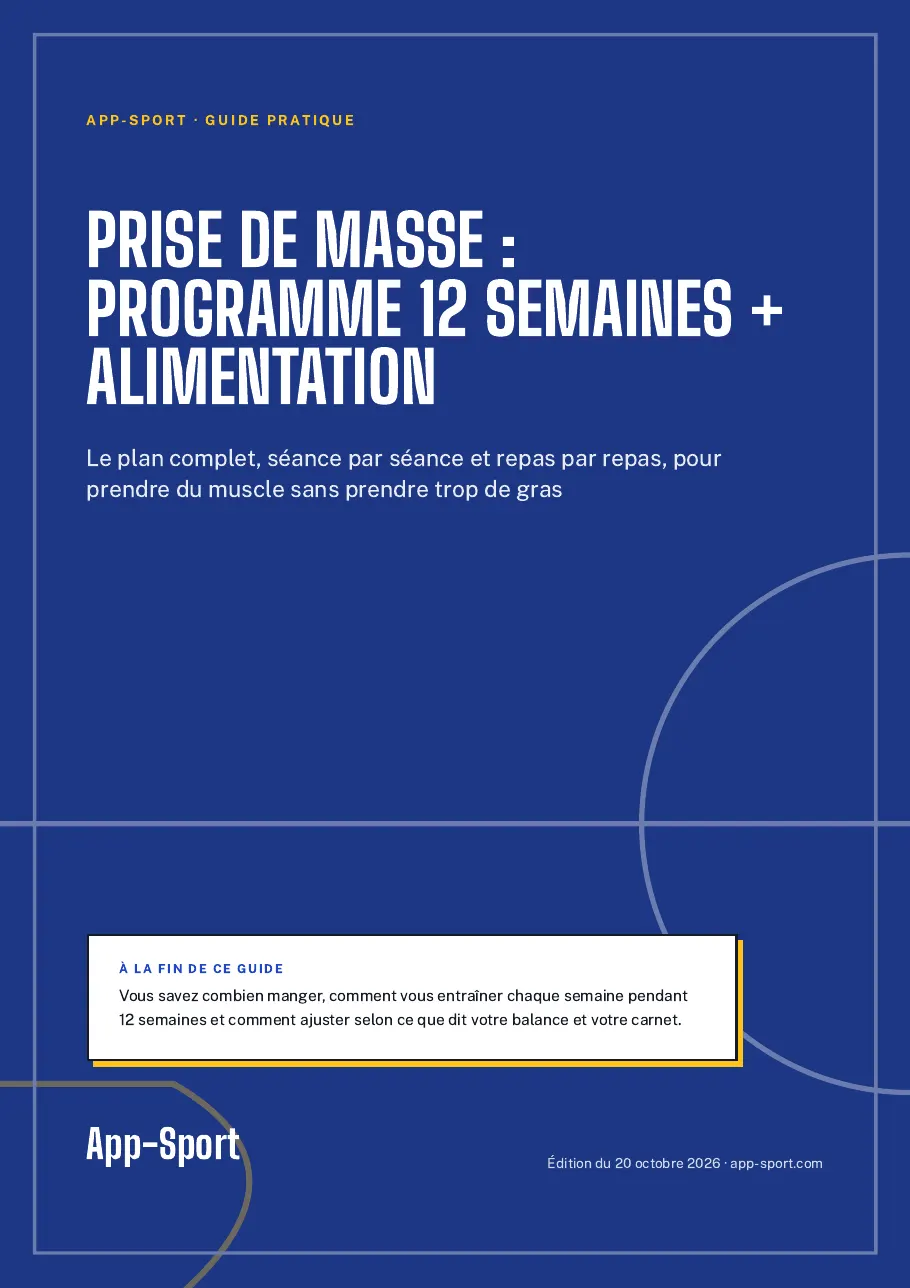 Page de couverture du guide PDF « Prise de masse : programme 12 semaines + alimentation »