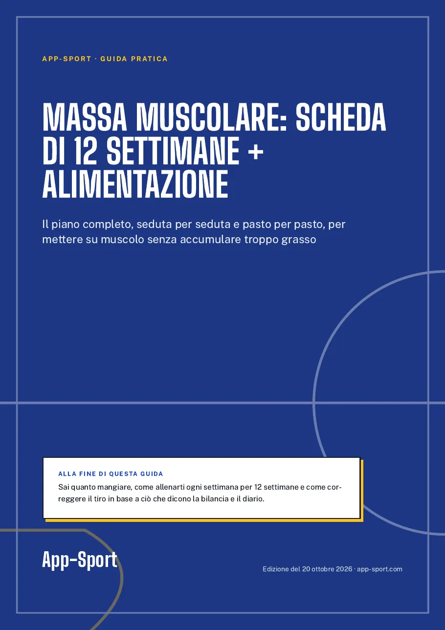 Copertina della guida PDF «Massa muscolare: scheda di 12 settimane + alimentazione»