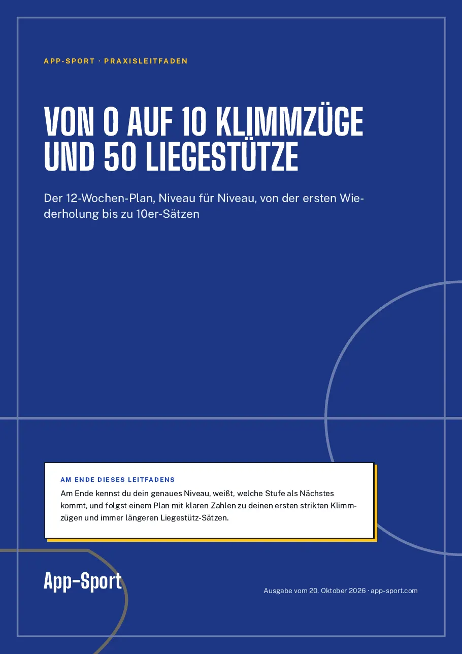 Titelseite des PDF-Ratgebers „Von 0 auf 10 Klimmzüge und 50 Liegestütze“